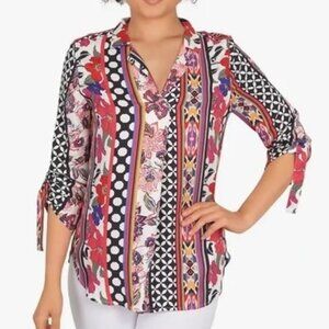 Ruby Rd. Multicolor Top Floral Stripes Polka Dots Bright Funky Blouse Sz:MP
